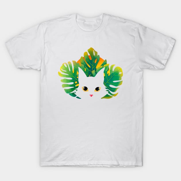 White Cat with Tropical Leaves in the Sunset T-Shirt by zorrorojo